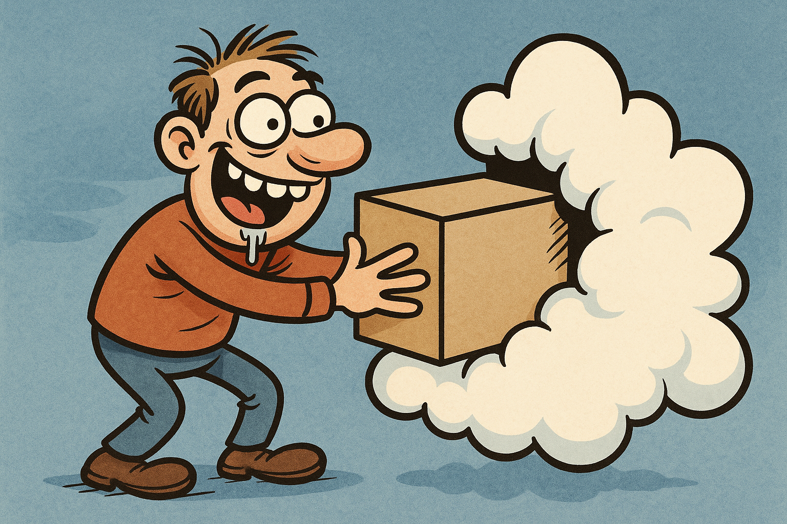 Goofy guy pushing a box into a cloud